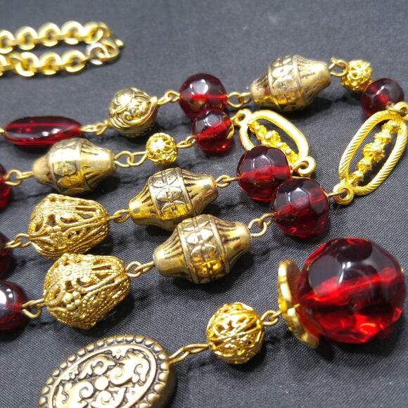 Vintage Long Tassel Necklace, Large Red Lucite & Filigree beads, Wire Wrapped - Picture 2 of 10